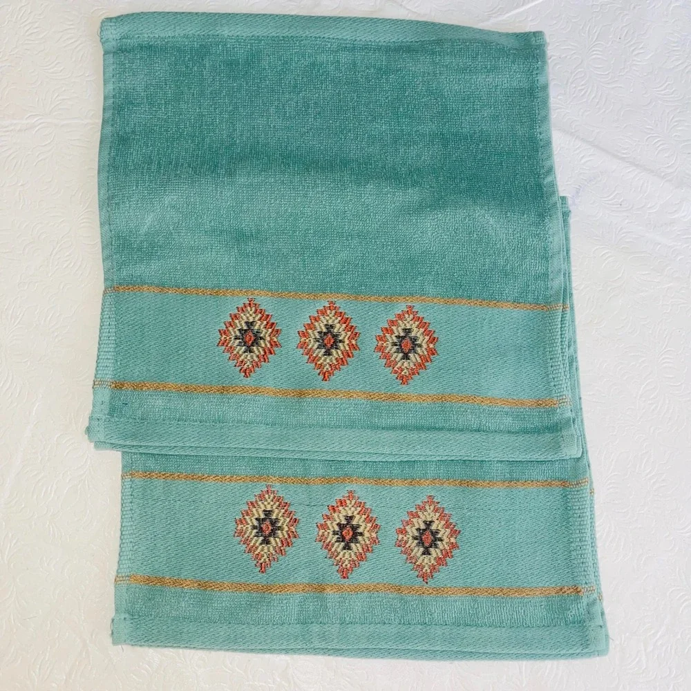 Vintage Canyon Sky Teal Green Southwestern Embroidered Hand Towels Set of 4